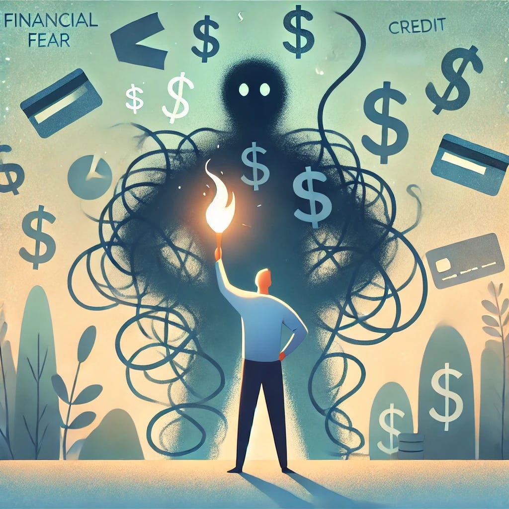 A calming and empowering illustration representing the concept of conquering financial anxiety. The image features a person standing confidently in front of a large, shadowy figure made of tangled financial symbols (like dollar signs, credit cards, and bills) that represents financial fear. The person holds a glowing light or torch that shines through the shadow, symbolizing empowerment and clarity. In the background, there are soft, uplifting colors like blues and greens, creating a sense of calm and hope. The style should be professional yet warm, focusing on overcoming challenges with strength.