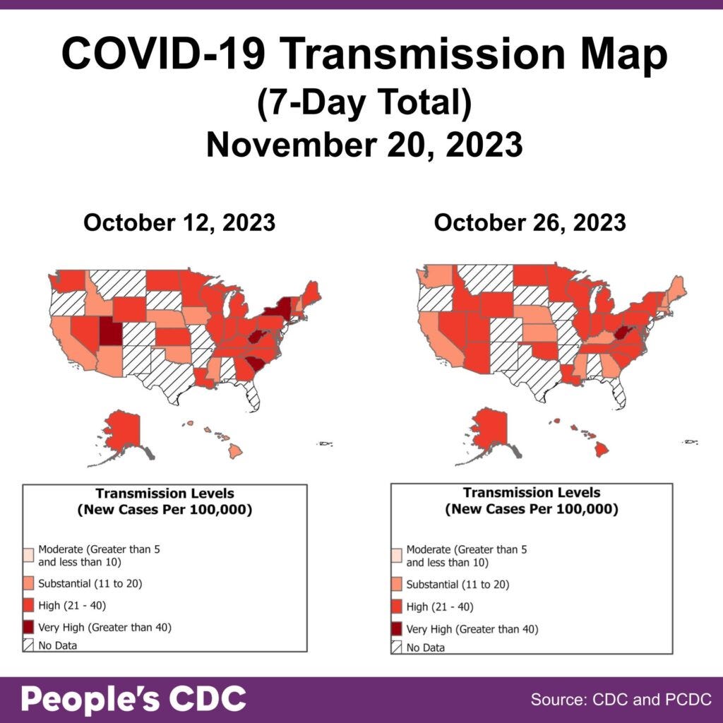 Graphic depicts 2 maps of the United States. The map on the left is titled, “October 12, 2023,“ and the map on the right of the graphic is titled, “October 26, 2023.” A key in the lower half of the graphic is labeled, “Transmission Levels (New Cases Per 100,000),” and indicates concentration levels: maroon for Very High, orange for High, salmon for Substantial, beige for Moderate, and diagonal black stripes for areas with no data. 

Going from the October 12th to the October 26th maps, while transmission levels in eastern states mostly remain High, a handful of eastern states have seen a decrease in transmission levels from Very High to High, or from High to Substantial. Some Western states have seen a change in transmission levels from High to Substantial or Very High to High, while Idaho and Arizona saw an increase from Substantial to High transmission levels. Oklahoma saw an increase from Substantial to High transmission levels, while Kansas saw a decrease from High to Substantial transmission levels.