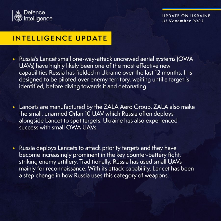 Latest Defence Intelligence update on the situation in Ukraine – 01 November 2023.