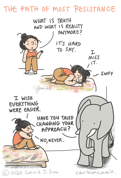 The Path of Most Resistance comic strip, illustration, drawing, by connie sun, cartoonconnie, sketchbook, comics, humor, elephant, self-improvement