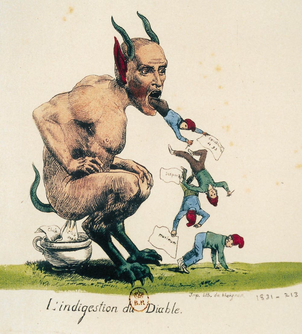 The devil with diarrhoea, vomiting up sans-culottes ("without britches", a term for a class of revolutionary in france) wearing red phrygian caps of liberty, carrying papers with revolutionary themes such as the "maximum"