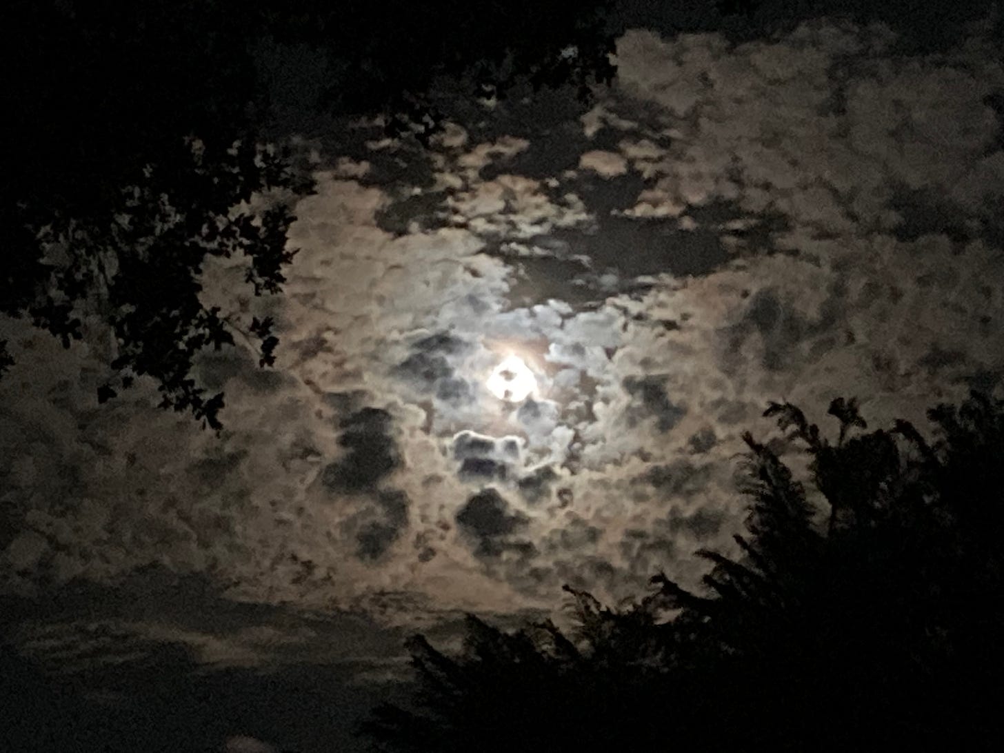 A cloudy night sky with the moon peeking through the clouds