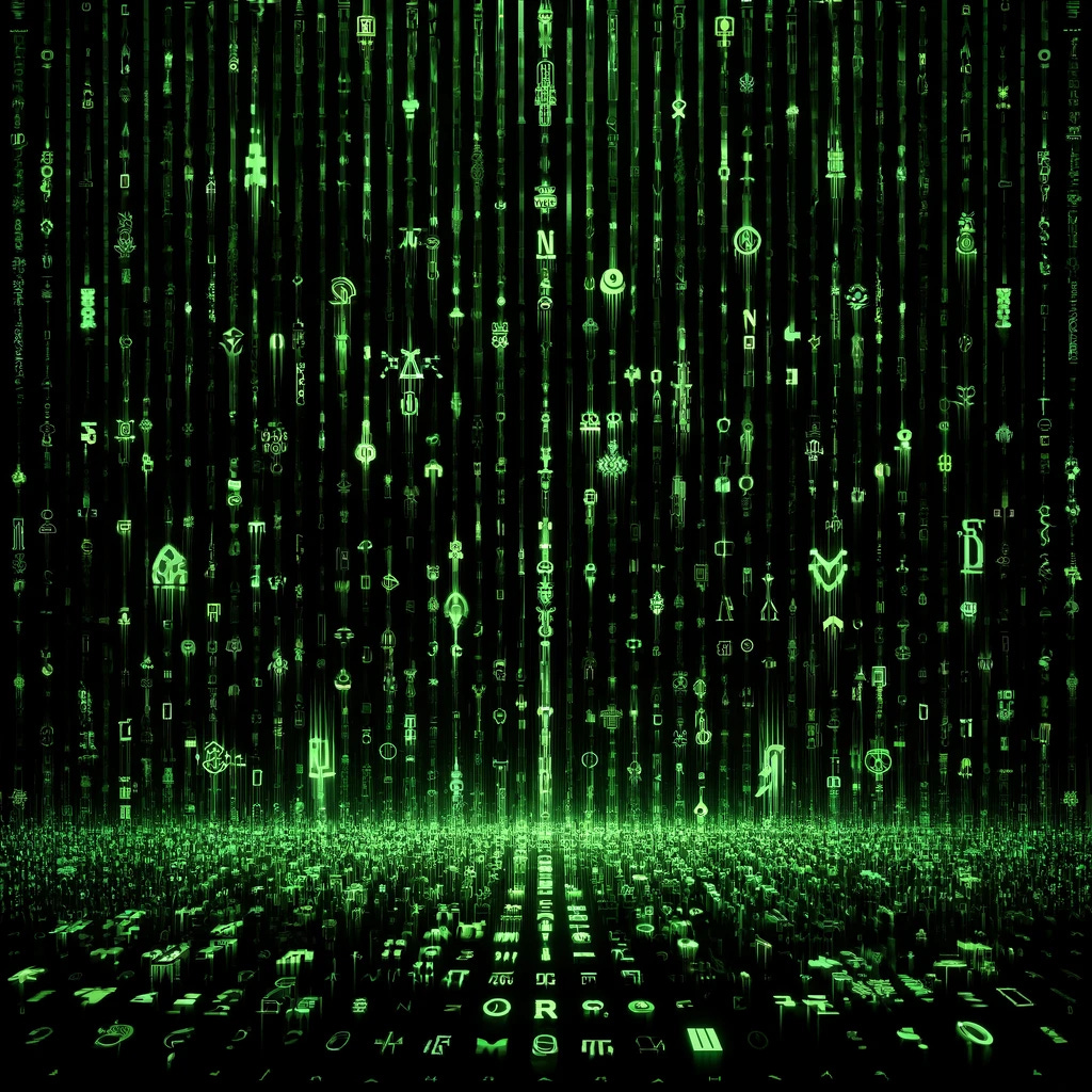 Create a 2D abstract image inspired by the Matrix, showcasing a dense pattern of green characters, symbols, and numbers falling vertically over a black background. This design should imitate the digital rain effect, featuring a diverse array of symbols and digits in a vivid neon green color, glowing against the dark backdrop. The image should be designed in a 1:1 square resolution to enhance its visual impact, suitable for tech or cyber-themed content.