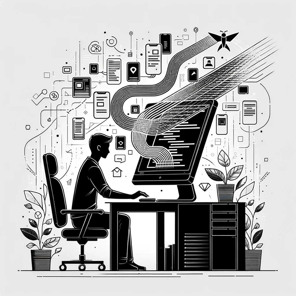 A minimalist and simple black and white illustration for a blog article about creating applications with AI. The image should feature a person sitting at a computer with lines of code flowing from the screen and morphing into various app icons, representing the transformation of ideas into applications through AI. The scene should convey innovation and modern technology, with a clean, uncluttered look, emphasizing the power of AI in application development.