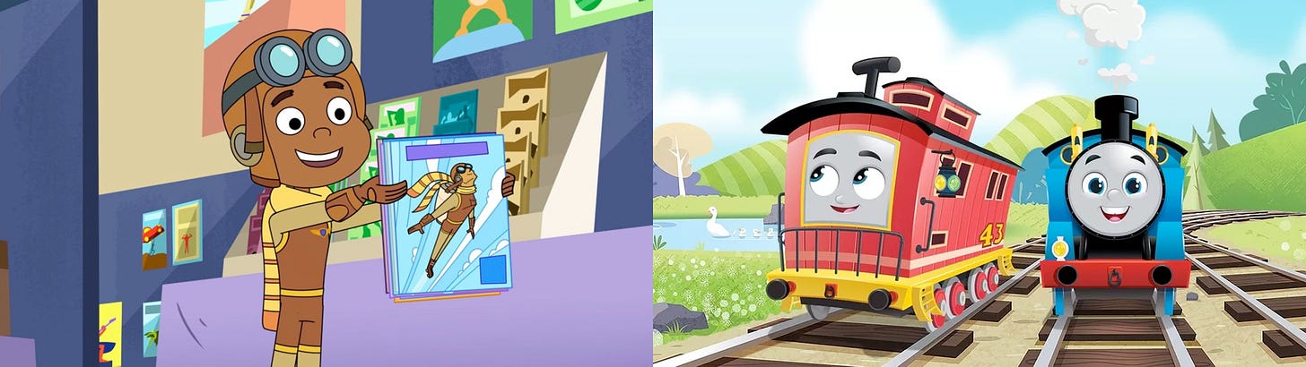 Left: animated boy named AJ is dressed as a pilot superhero while holding a comic book with the cover of a flying pilot. Right: 2 animated trains coming down the track. The red train on the left, Bruno, is curiously looking up and away. The blue train on the right, Thomas, is smiling at the viewer.