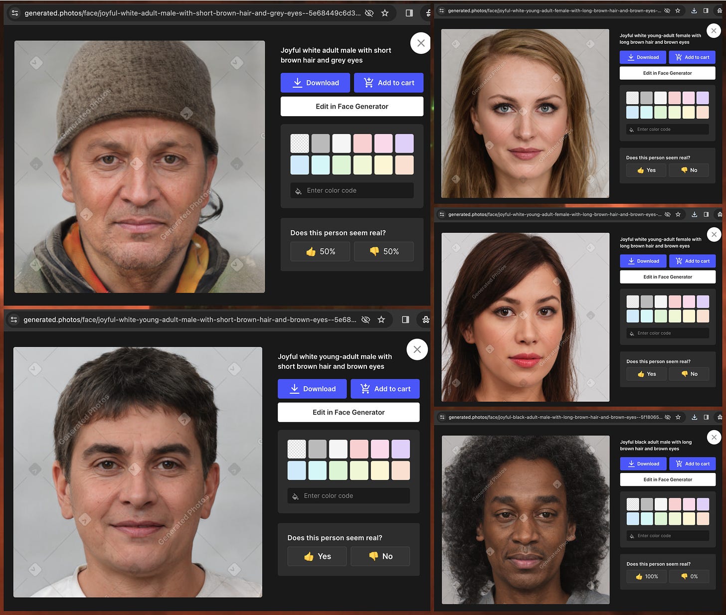 screenshot of the GAN-generated faces used by Toby P. Gelman, Rafe S. Klinger, Casey Riley, Eliza Fisher, Johnny Jock on generated.photos