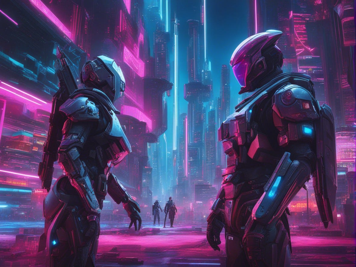 Two powerful artificial intelligence beings facing off in a cyberpunk cityscape, generative AI, Stable Diffusion image