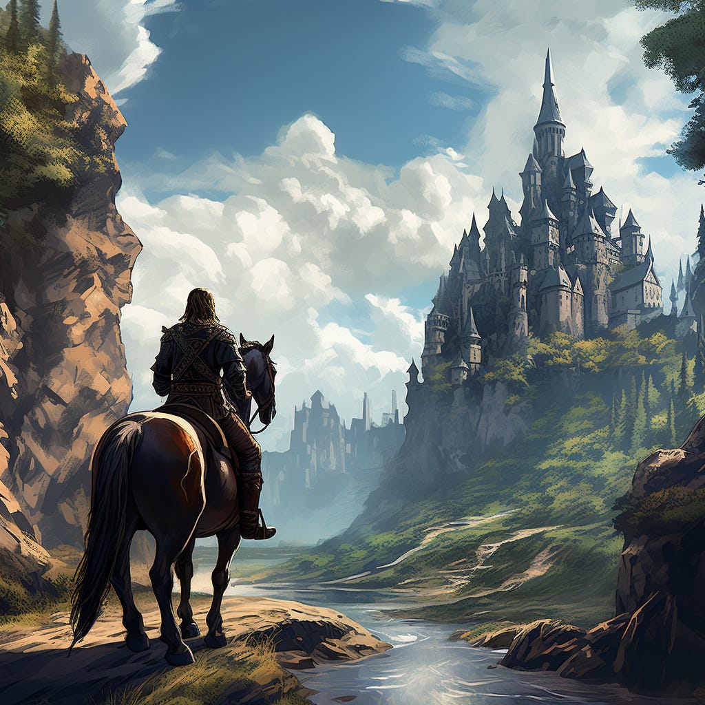 A traveler on horseback approaches a fantasy city.