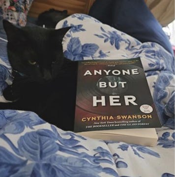 Black cat with Anyone But Her book