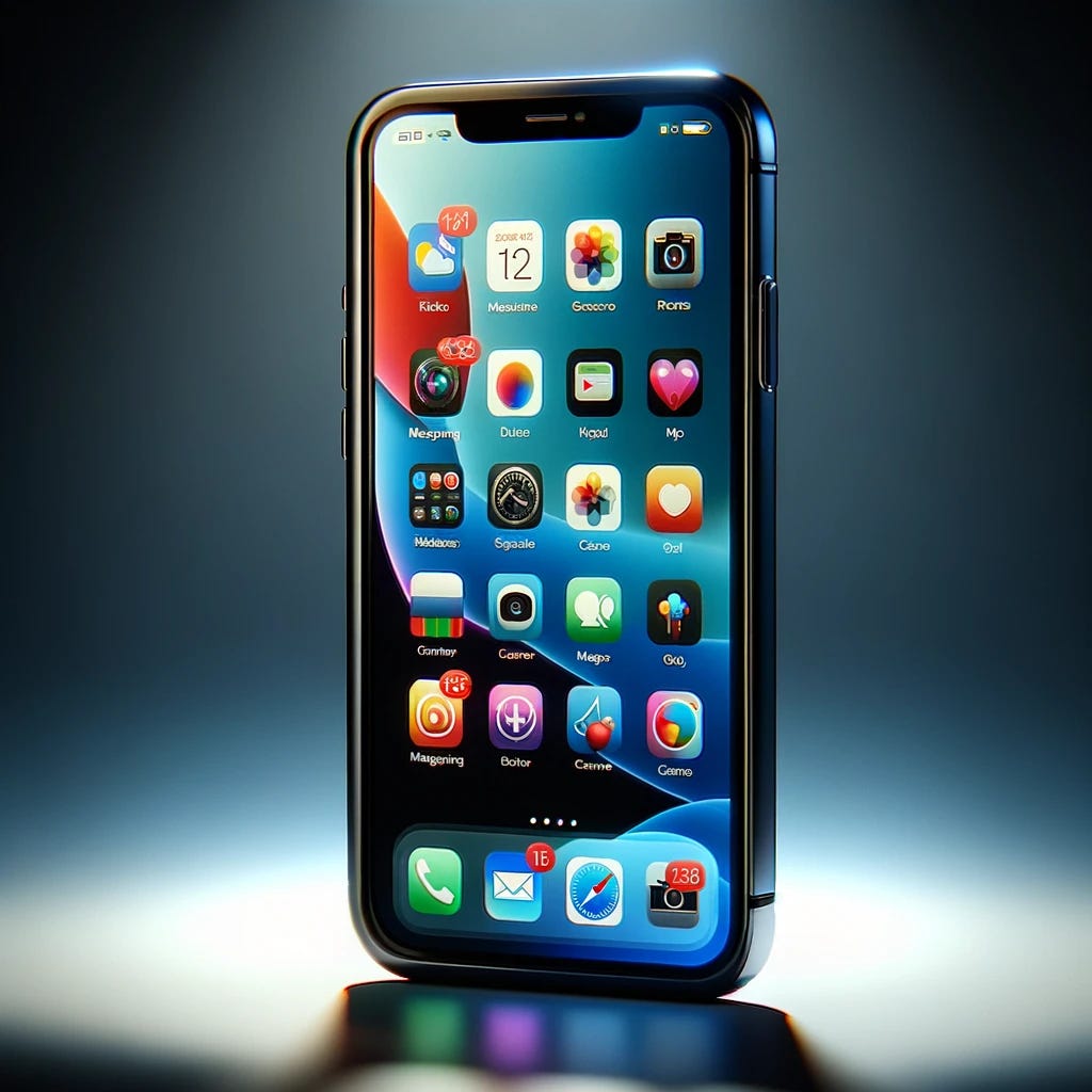 A high-resolution image of a modern-day iPhone, showcasing a vibrant display with a variety of app icons. The screen features icons for popular apps like social media, messaging, camera, and maps, arranged in a neat grid against a sleek, minimalistic wallpaper. The phone itself has a slim, sophisticated design with rounded corners and a glossy finish, reflecting the latest in mobile technology aesthetics. The scene is illuminated with a soft light to highlight the phone's advanced display technology and the intricate design of the app icons, capturing the essence of contemporary smartphone use.