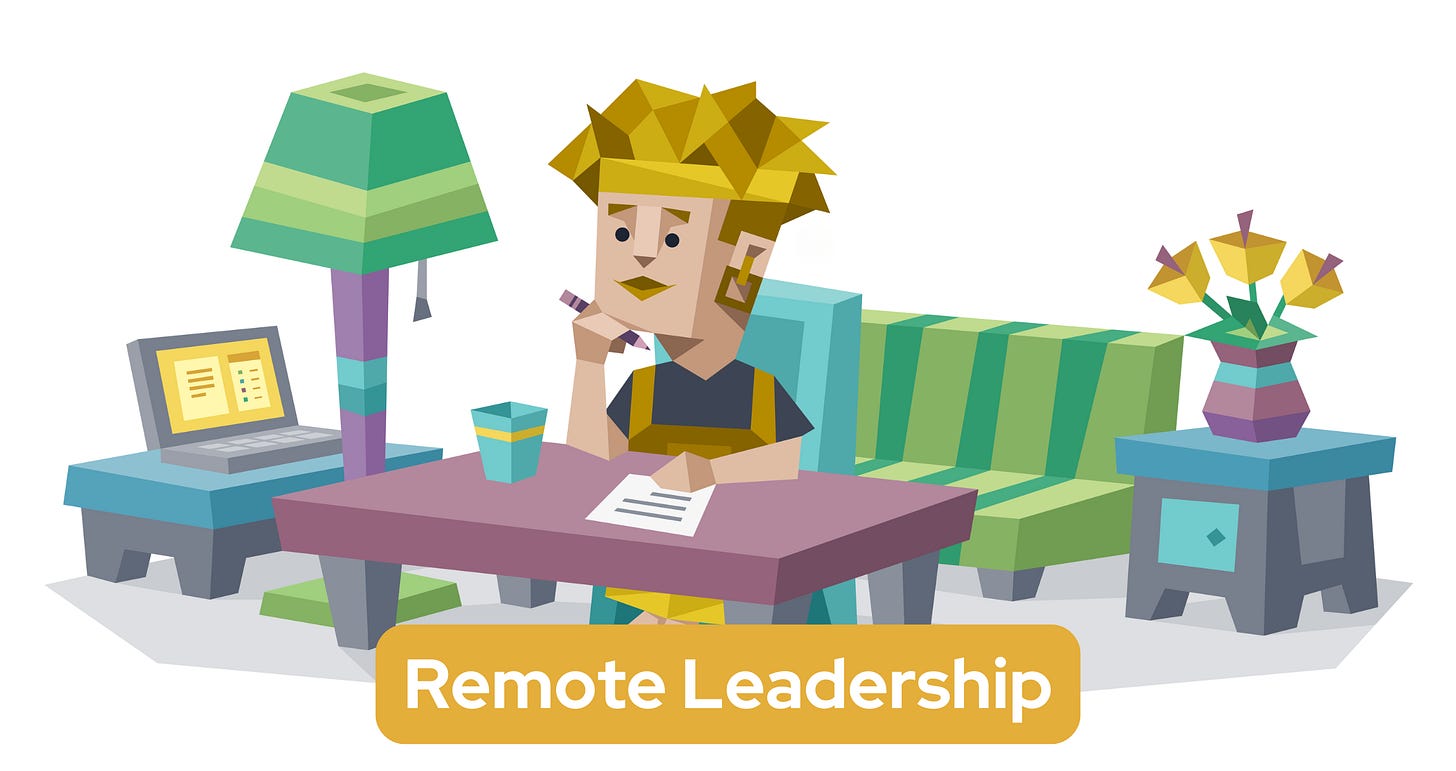 An Explorer with yellow hair sits at a desk in a home office setting, with a laptop, lamp, couch, and small decorative elements nearby. The image has a yellow color scheme and displays "Remote Leadership" text at the bottom on a yellow banner. An Explorer with yellow hair sits at a desk in a home office setting, with a laptop, lamp, couch, and small decorative elements nearby. The image has a yellow color scheme and displays "Remote Leadership" text at the bottom on a yellow banner.