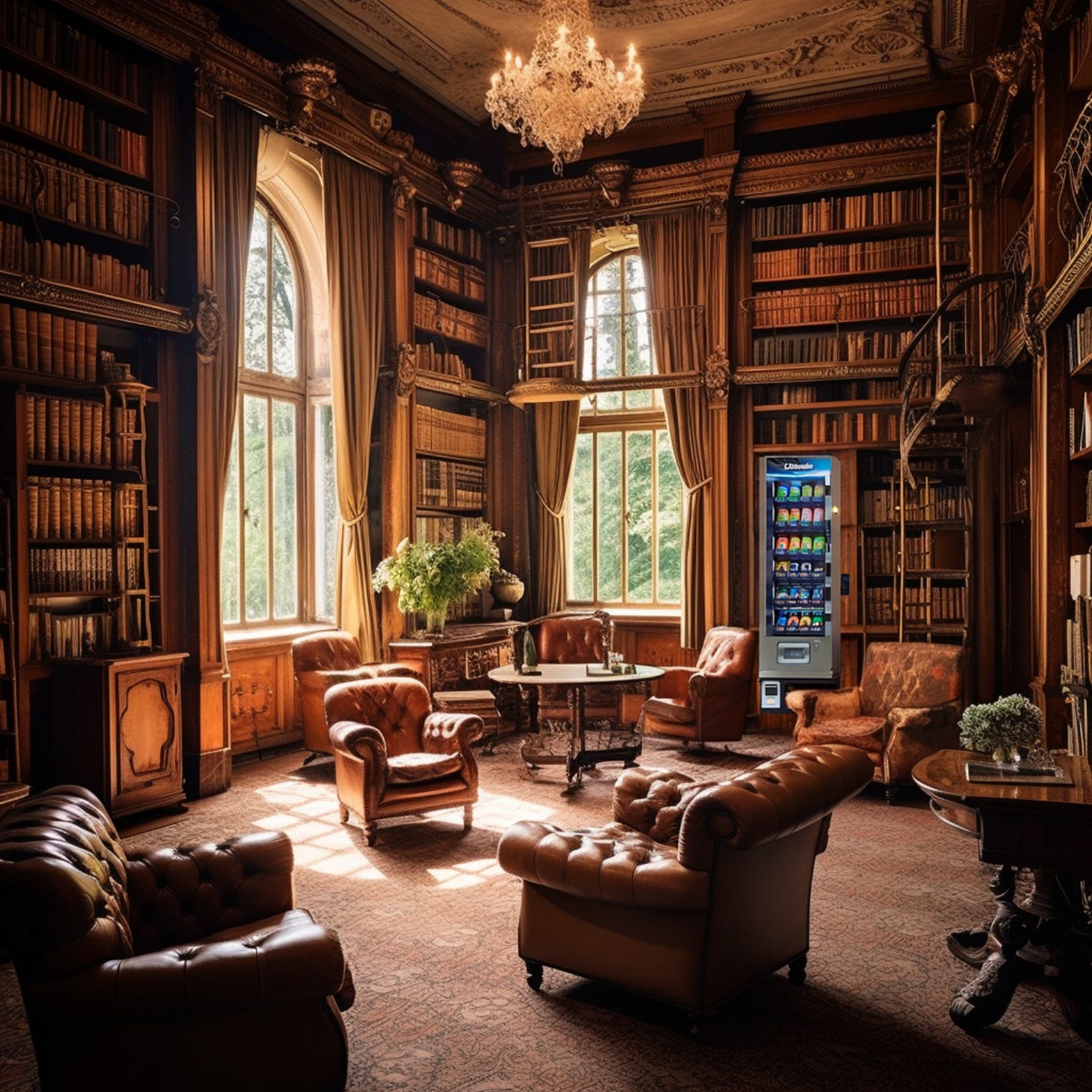 An oak-panelled library with a vending machine