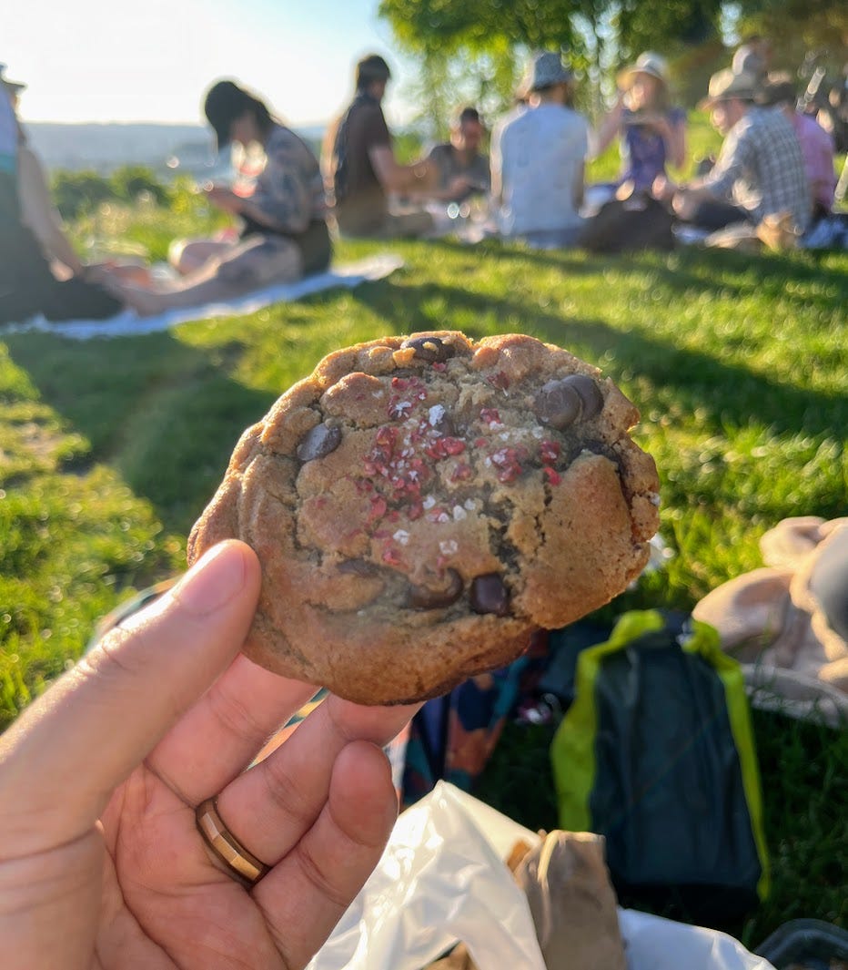 hand holding adobo chocolate chip cookie in the park