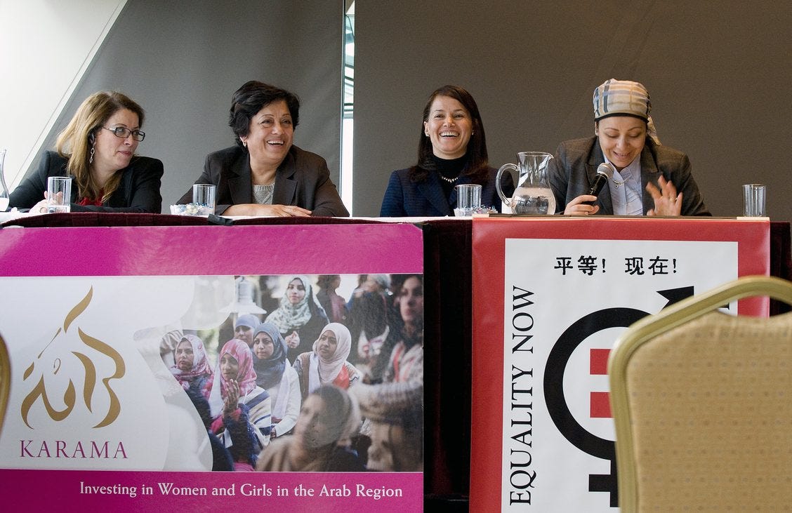 A photo from a panel discussion at CSW in 2013, featuring Karama and Equality partners. The late Asma Khader is second from the left