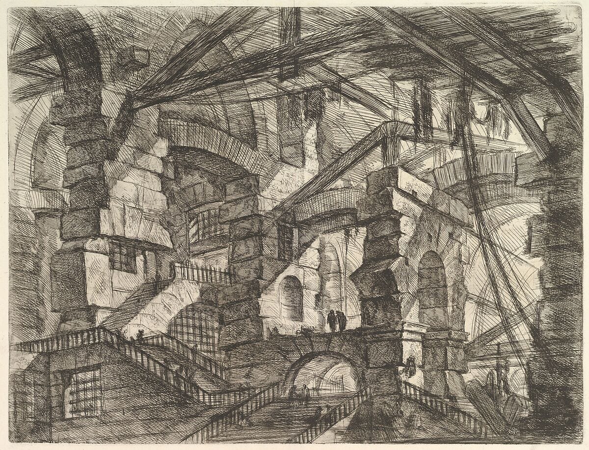 The Gothic Arch, from "Carceri d'invenzione" (Imaginary Prisons), Giovanni Battista Piranesi (Italian, Mogliano Veneto 1720–1778 Rome), Etching, engraving, sulphur tint or open bite, burnishing; first state of six Robison) The Gothic Arch, from "Carceri d'invenzione" (Imaginary Prisons), Giovanni Battista Piranesi (Italian, Mogliano Veneto 1720–1778 Rome), Etching, engraving, sulphur tint or open bite, burnishing; first state of six Robison)