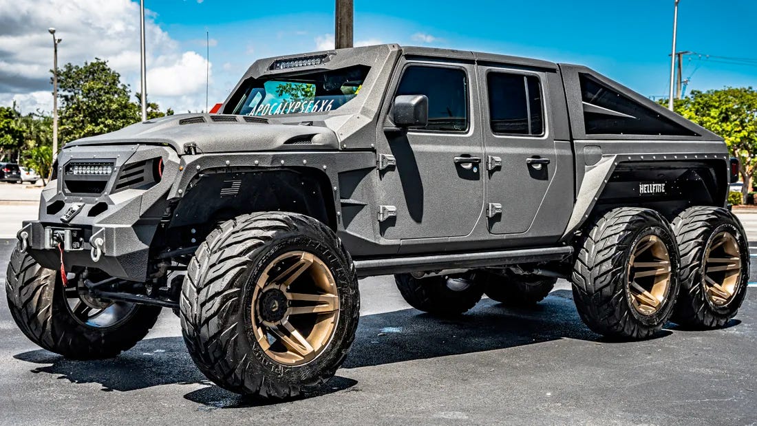 an apocalypse 6x6. A massive jeep like military style vehicle that apparently anyone can buy