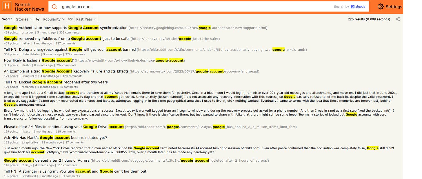 Hacker News posts about losing Google accounts