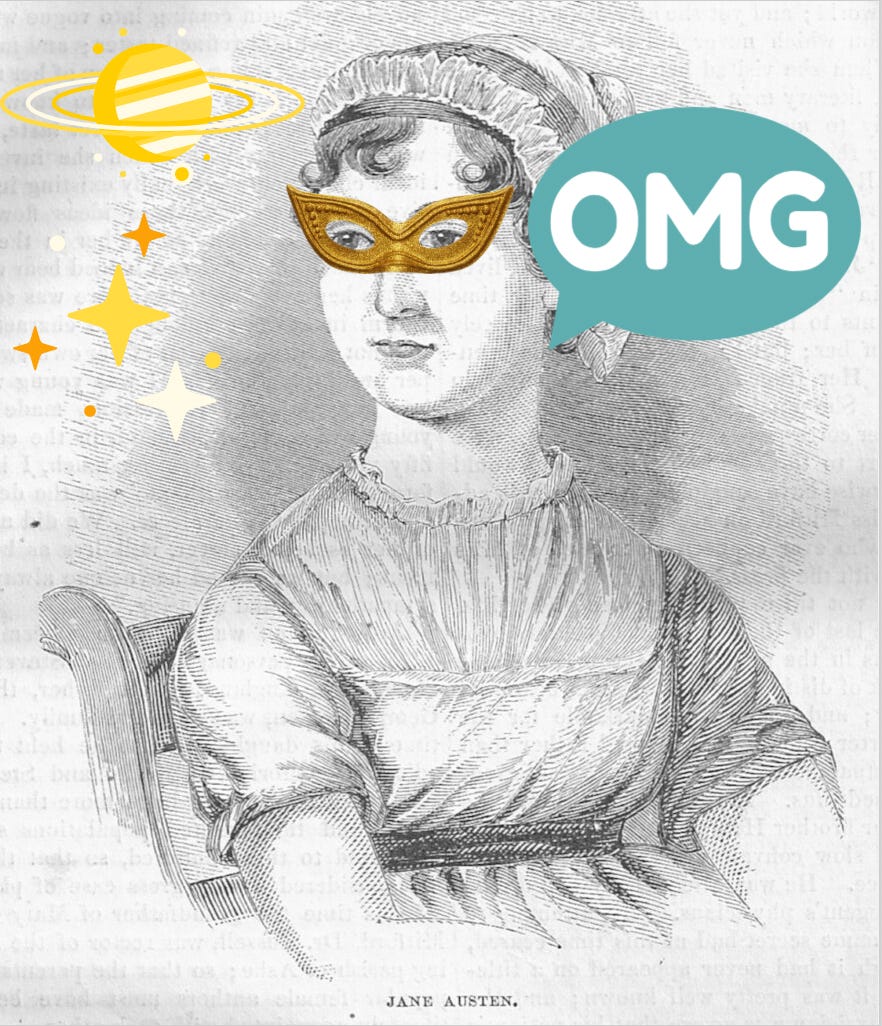 Jane Austen portrait with stars, moons, and 'OMG' added as overlays.