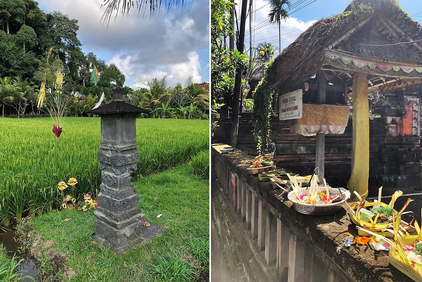 (Left) A shrine in a rice field. (Right) Subak offerings at a temple. 