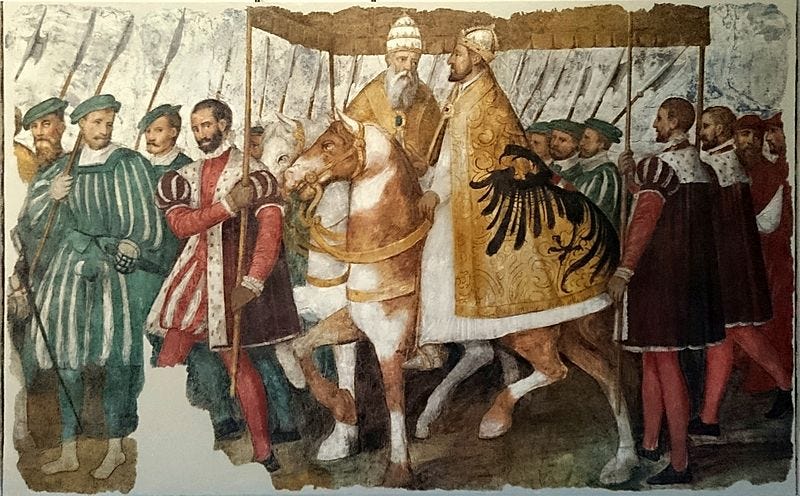 Papa Clemente VII e l'imperatore Carlo V a cavallo soto un baldacchino (8 de agosto de 2018, Museo degli affreschi Giovanni Battista Cavalcaselle, Verona)