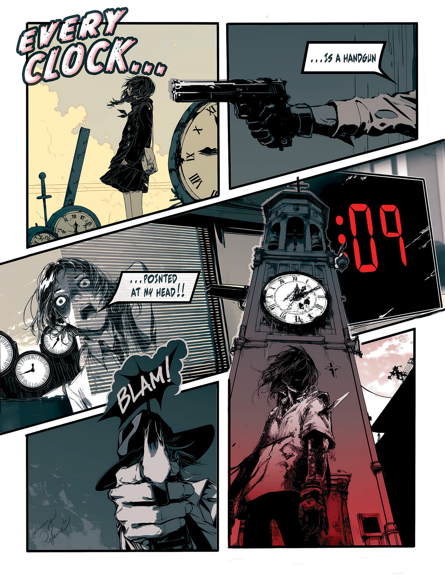 Comic-style illustration depicting the autistic experience of time. Six panels in stark black, white, and gray with splashes of yellow and red. Title "EVERY CLOCK" at top left. Panel 1: Silhouette of a person facing multiple clocks. Panel 2: Close-up of a hand pointing a gun at a clock face. Panel 3: Digital clock showing "09" in red. Panel 4: Person with wide, stressed eyes surrounded by clock faces. Panel 5: Sound effect "BLAM!" with person's face recoiling. Panel 6: Large clock tower looming over a small figure. The composition creates a sense of urgency, stress, and being overwhelmed by time. Stark contrasts and dynamic angles heighten the emotional impact, reflecting the often intense and fragmented perception of time experienced by many autistic individuals. The gun imagery suggests the violent pressure of time constraints in a neurotypical world.