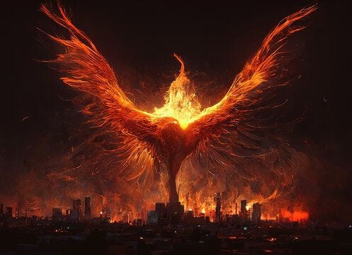 Phoenix from the ashes with fiery wings