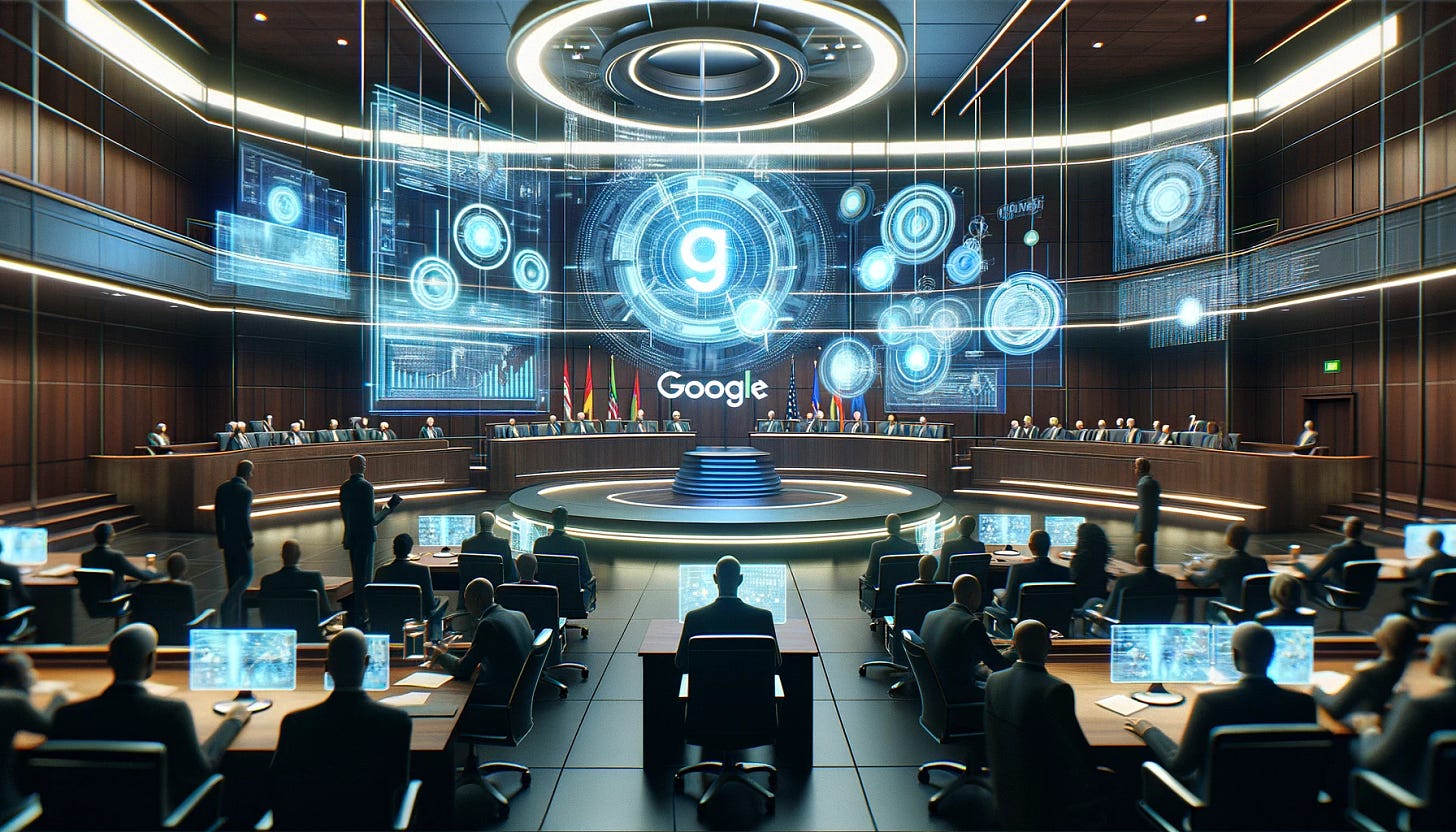 A futuristic courtroom scene, representing a high-profile digital trial, possibly the Google trial. The courtroom is advanced and high-tech, with holographic screens displaying digital data and legal information. The setting is sleek and modern, with a blend of technology and law. Judges and lawyers are present, interacting with the digital interfaces, emphasizing the integration of technology in legal proceedings. The atmosphere is serious and focused, reflecting the importance of the trial.