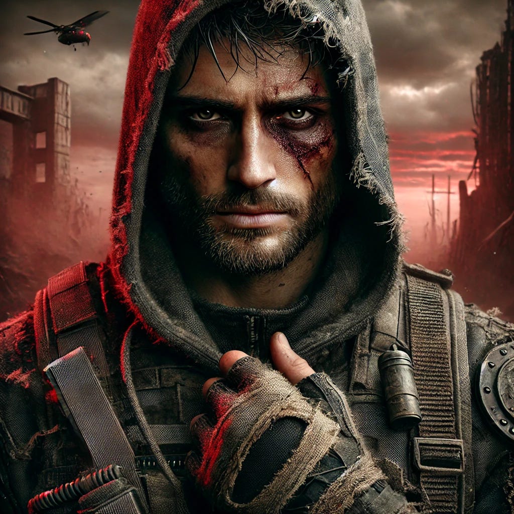 A hyper-realistic, cinematic portrait of a lone antihero in a dystopian wasteland. He has a gaunt but strong face, stubble on his jaw, and a fresh gash across his cheek. His eyes are dark, haunted, but locked in with purpose. He wears scavenged tactical armor layered with a hooded cloak, frayed at the edges. His hands are dirty and gloved, clutching a blunt weapon slung over his shoulder. The sky behind him is stormy and red, with twisted metal structures in the distance and ash falling from the air. The tone is bleak, raw, and intense — a man who’s survived what should’ve killed him.