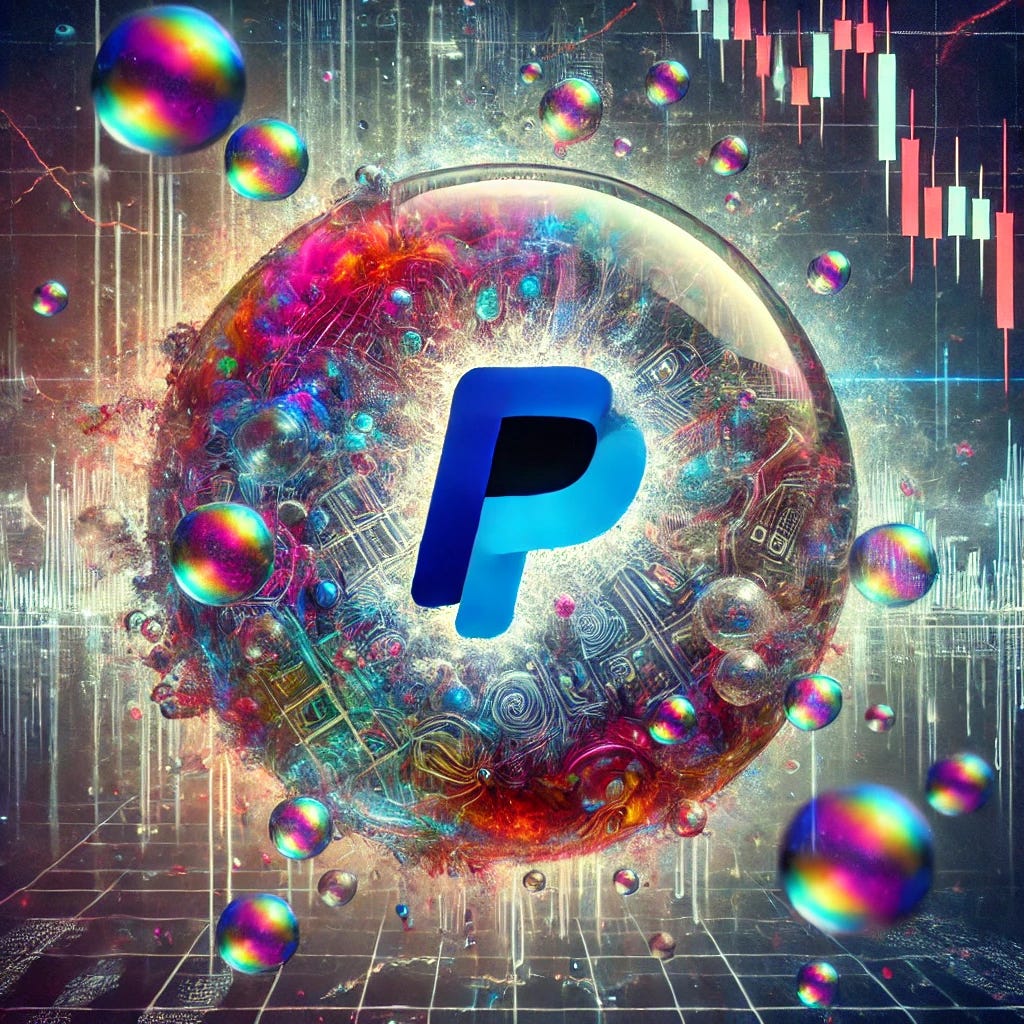 A highly symbolic digital illustration representing PayPal during the dot-com bubble. The image features a fragile, shimmering bubble encapsulating the PayPal logo, floating among other colorful bubbles of various sizes. The background portrays a dramatic collapse with falling stock market graphs and digital patterns breaking apart, symbolizing the volatility of the dot-com era. The composition conveys a mix of innovation, fragility, and financial chaos, using surreal and vibrant colors to emphasize its impact.