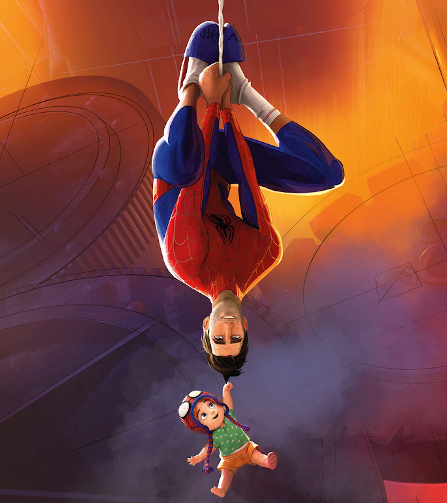 Peter B. Parker is hanging upside down on his web, wearing his costume, blue slippers, and no mask. Holding onto his hair is his daughter Mayday, donning a hand-crafted Spidey hat. This is in a character poster for SPIDER-MAN: ACROSS THE SPIDER-VERSE.