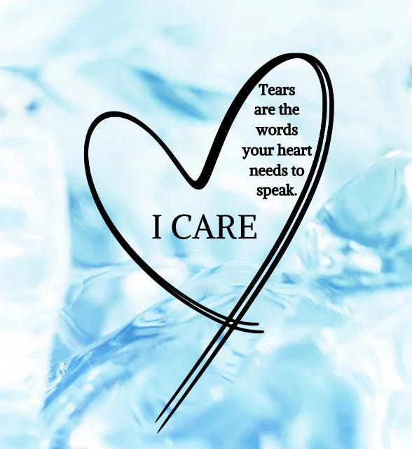 Blue-white background with a sketched outline of a heart. Inside are the words I Care