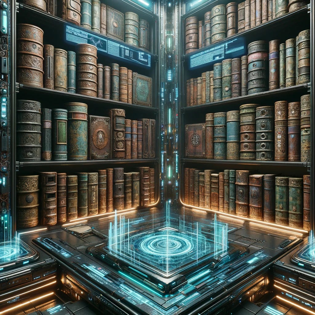 A cyberpunk library with ancient books: The image showcases a library in a cyberpunk world, blending futuristic and traditional elements. The library is filled with ancient, weathered books, some with ornate covers, resting on sleek, metallic shelves illuminated by neon lights. The atmosphere is a fusion of old and new, with holographic interfaces hovering near the books, displaying digital information. The walls are adorned with high-tech screens and glowing panels, contrasting with the historical charm of the ancient texts. The overall mood is mysterious and eclectic, capturing the essence of a cyberpunk setting that honors the past while embracing futuristic technology.