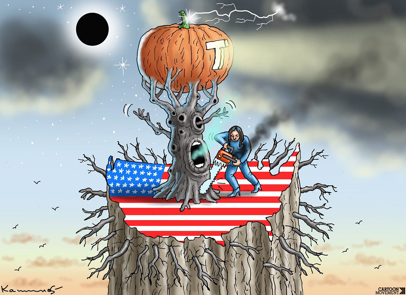 Cartoon showing Kamala Harris attempting to cut down a tree with a chainsaw. The tree is standing in the middle of the USA, with roots deep in the ground. The tree has a mouth-shaped hole in the trunk that is emitting green gas, while the top of the tree is an orange pumpkin with the letter 'T' on it.