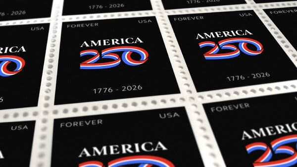 A close-up of a sheet of “America 250” Forever stamps. In the center of each stamp is the new 250 logo, above the date range 1776-2026.