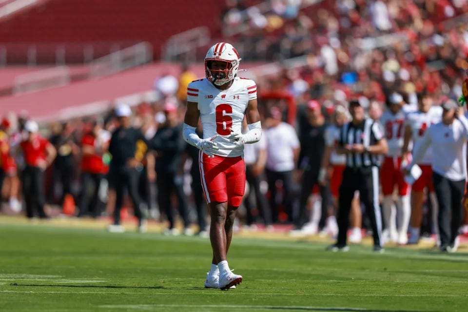 LOS ANGELES, CA - SEPTEMBER 28: Wisconsin Badgers cornerback Xavier Lucas (6) lines up during a college football game between the Wisconsin Badgers against the USC Trojans on September 28, 2024, at United Airlines Field at The Los Angeles Memorial Coliseum in Los Angeles, CA. (Photo by Jordon Kelly/Icon Sportswire via Getty Images)