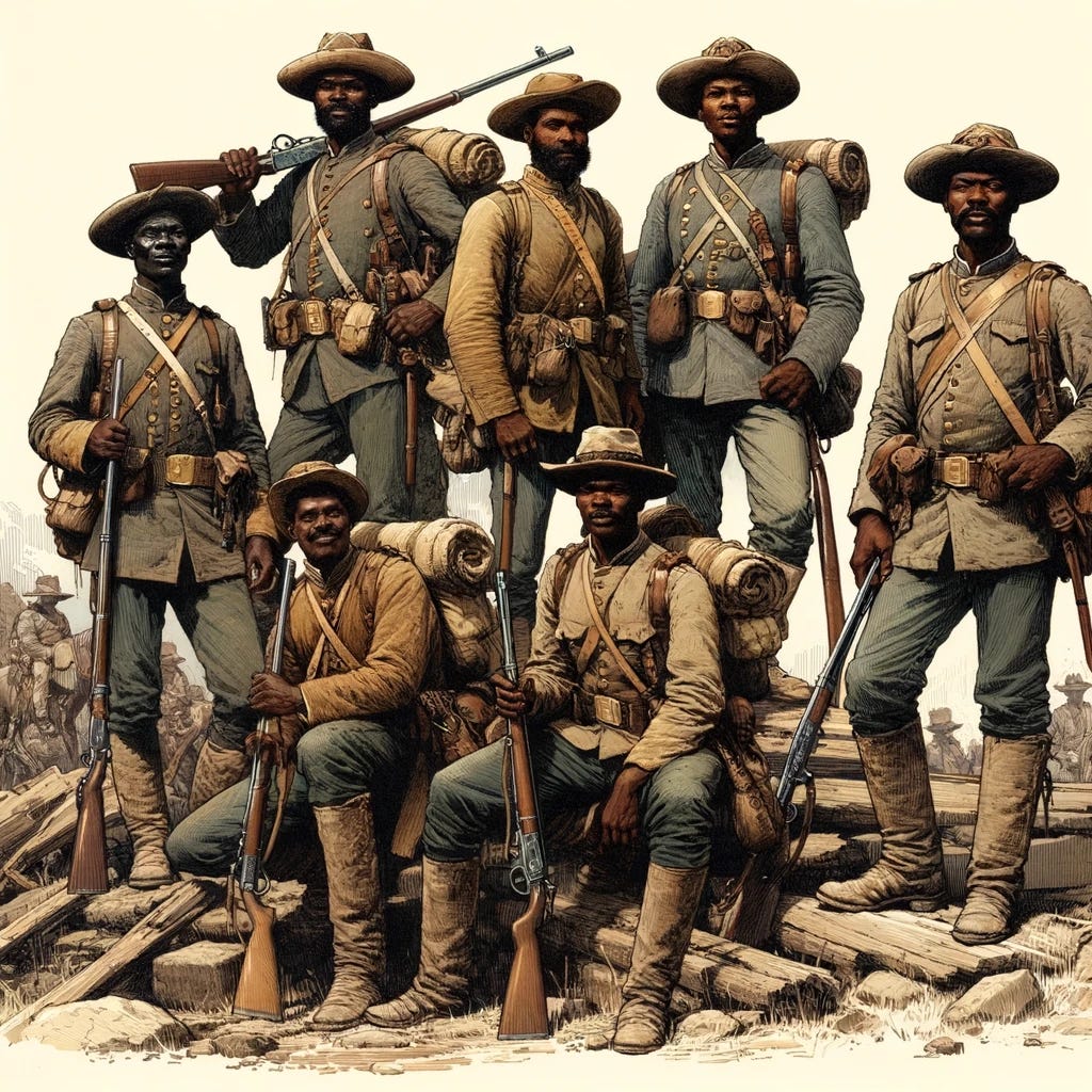 Illustrate a group of Buffalo Soldiers from the late 19th century, showcasing their distinctive appearance and uniforms. These African American soldiers are known for their roles in the western United States, playing a crucial part in its development and security. They are depicted with a sense of pride and resilience, wearing their uniforms that include hats characteristic of the era, and equipped with the gear and weapons of their time. The scene captures the spirit and legacy of these soldiers, highlighting their contribution to American history while on duty in a rugged landscape that reflects the challenging conditions they often faced.