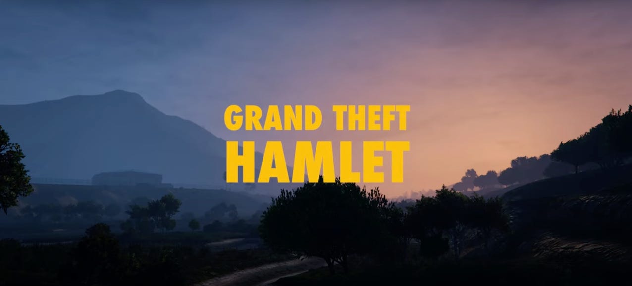 A still from the Grand Theft Hamlet trailer showing a dusky landscape from the game with the title of the film overlaid in yellow block capitals.