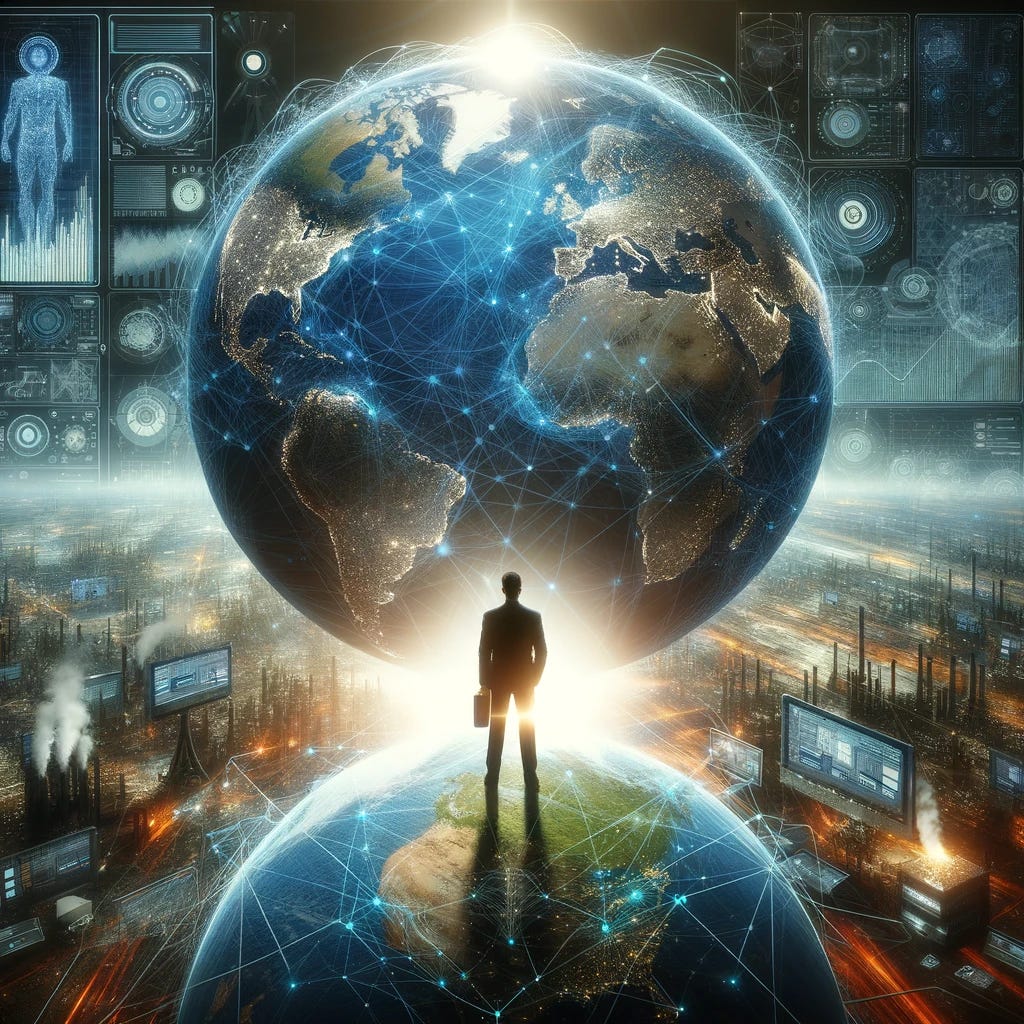 An exceptional person standing on top of a globe, with a panoramic view of the world's production and information flows. The person, a visionary figure of diverse descent, is looking out over a complex network of interconnected lines and nodes representing global trade, communication, and information exchange. The globe is surrounded by digital screens and holograms showing various aspects of global production such as factories, data centers, and shipping routes. The scene conveys a sense of mastery and deep understanding of global dynamics.