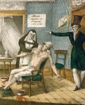 Lithograph showing the leeching of a patient, date unknown (Brittanica.com)