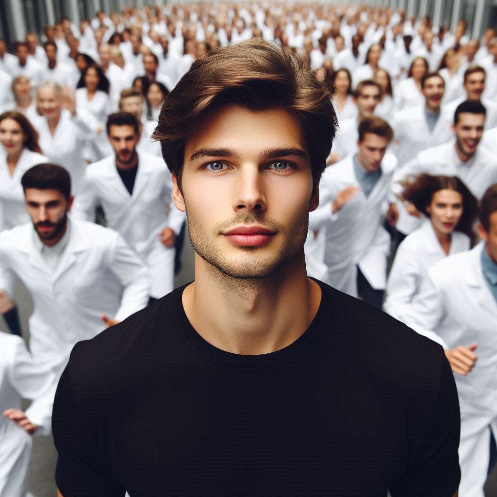 A good-looking young man wearing a black t-shirt stands in the middle of a crowd of scientists in white coats who are running away from him