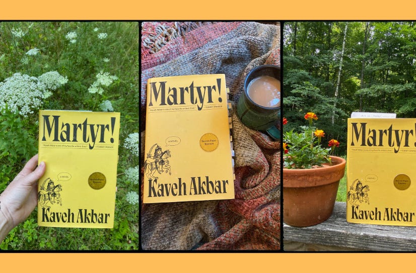 Three photos of Martyr! on three different backgrounds: a meadow of Queen Anne’s lace, a blanket, on a porch railing next to a pot of marigolds.