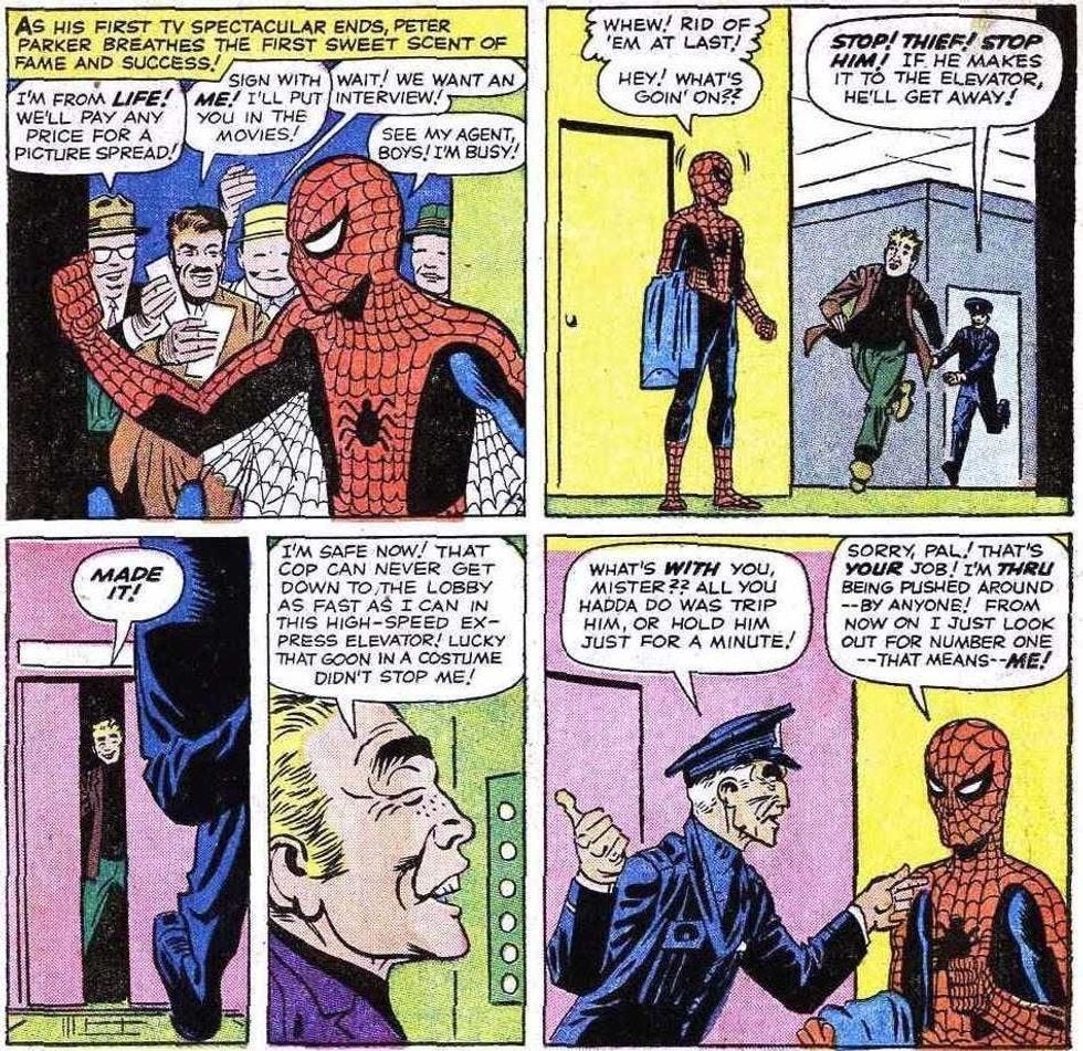 Spider-Man lets a burglar escape and tells a cop "that's your job!" when asked why he didn't stop him