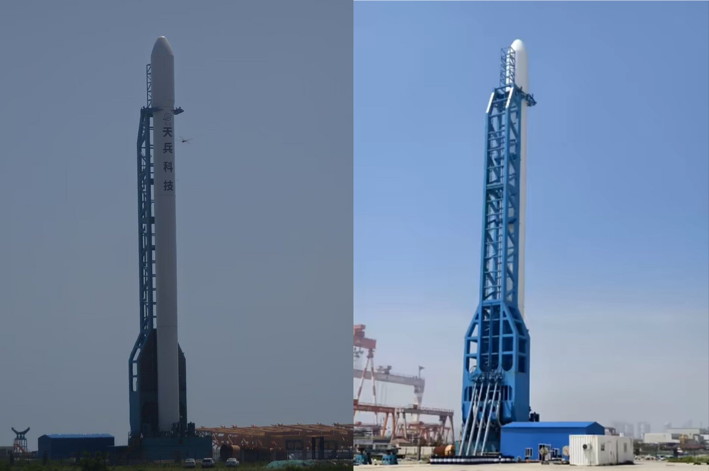 A Tianlong-3 pathfinder on its launch vehicle erector at Haiyang for fit testing.