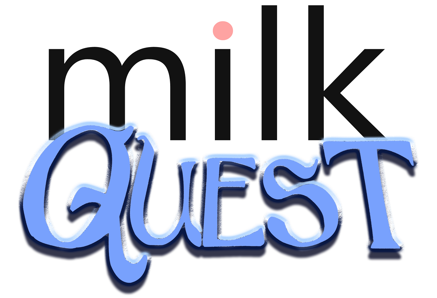 milkquest logo, which has the milk part of the milk plus visual logo on top and a gaudy blue QUEST underneath