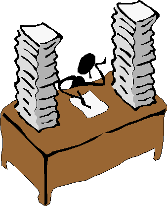 Cartoon of stick human and stacks of papers. They are laboriously filling them out. There is no attribution, just from a free PNG link in a web search.