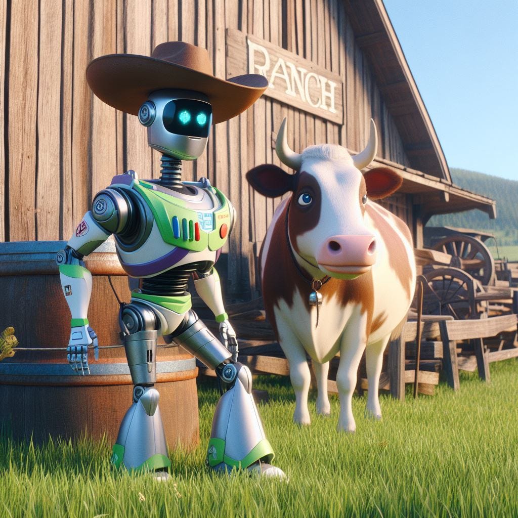 A robot rancher with a cow in front of a barn.