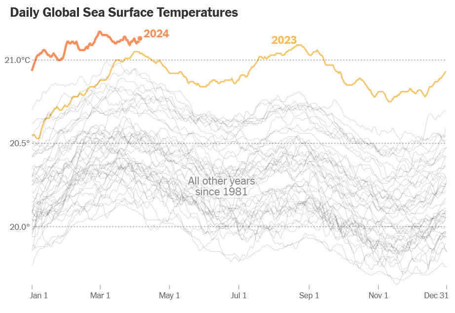 Infografía del New York Times sobre la evolución de las temperaturas oceánicas