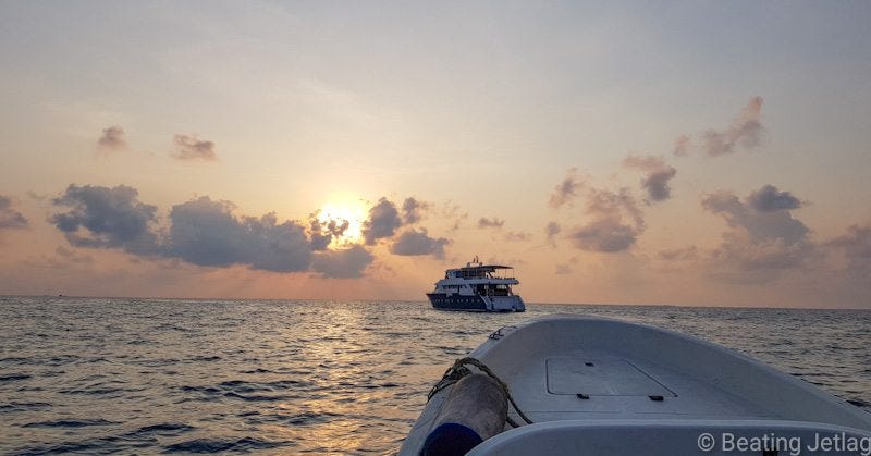 Bar boat anchored outside of Maafushi, Maldives