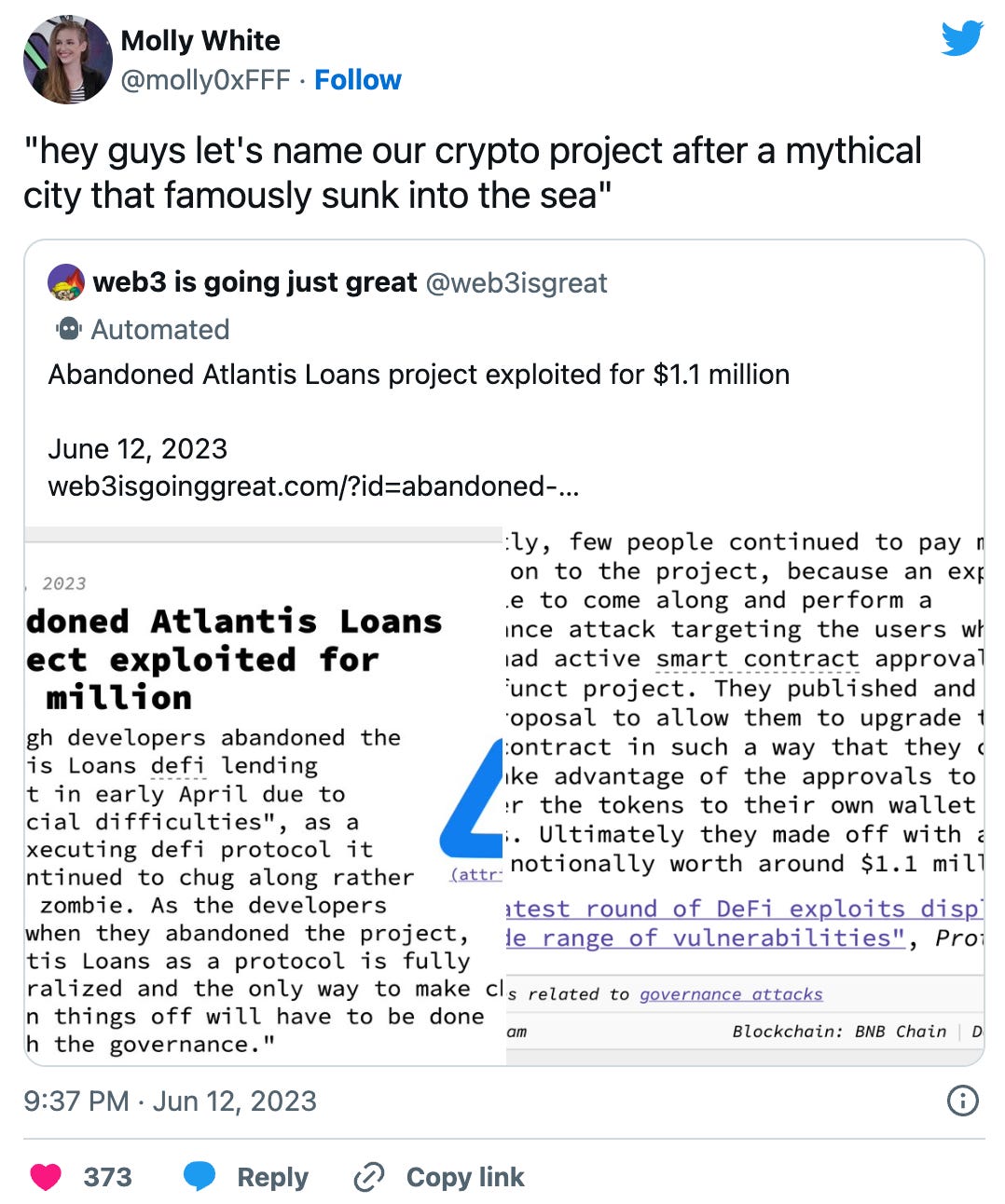 Tweet by Molly White (@molly0xfff) "hey guys let's name our crypto project after a mythical city that famously sunk into the sea" Quoted tweet by web3 is going great (@web3isgreat): "Abandoned Atlantis Loans project exploited for $1.1 million June 12, 2023 https://web3isgoinggreat.com/?id=abandoned-atlantis-loans-project-exploited-for-1-1-million" Tweet by Molly White (@molly0xfff) "hey guys let's name our crypto project after a mythical city that famously sunk into the sea" Quoted tweet by web3 is going great (@web3isgreat): "Abandoned Atlantis Loans project exploited for $1.1 million June 12, 2023 https://web3isgoinggreat.com/?id=abandoned-atlantis-loans-project-exploited-for-1-1-million"
