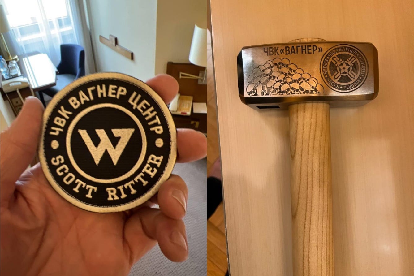 A personalized patch (left) and chrome-plated Wagner sledgehammer (right)